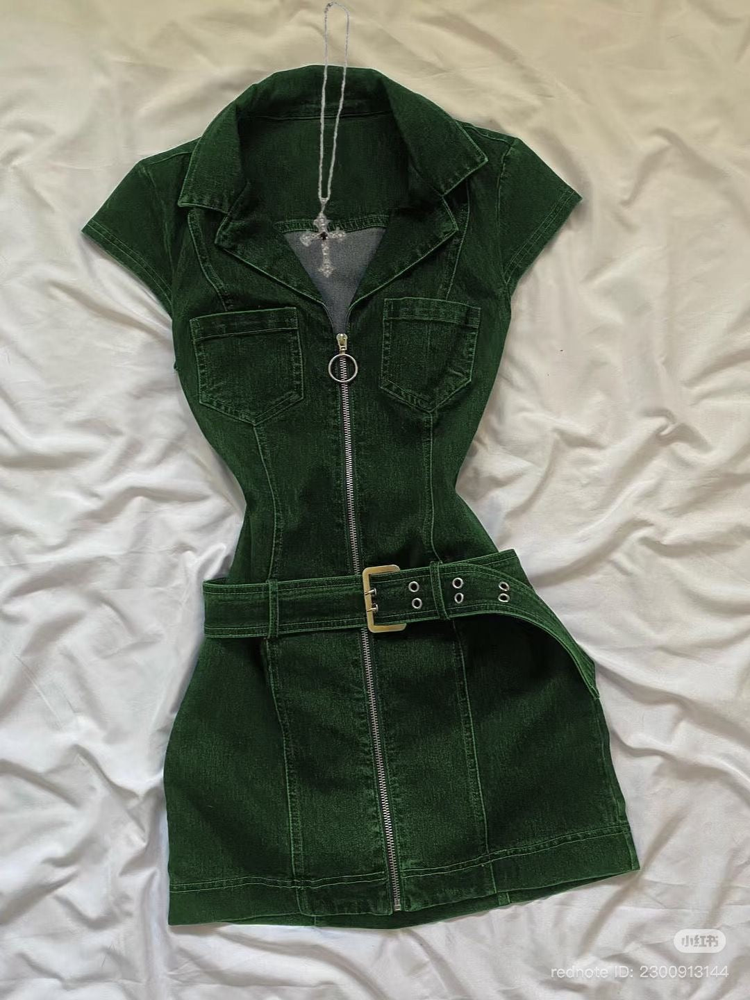 Denim Belted Front Zip Mini Dress