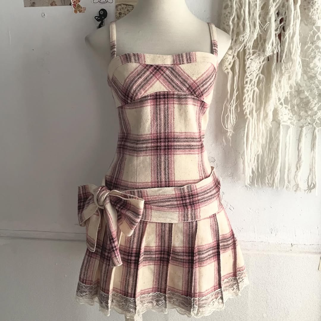Beige Coquette Plaid Pleated Mini Dress