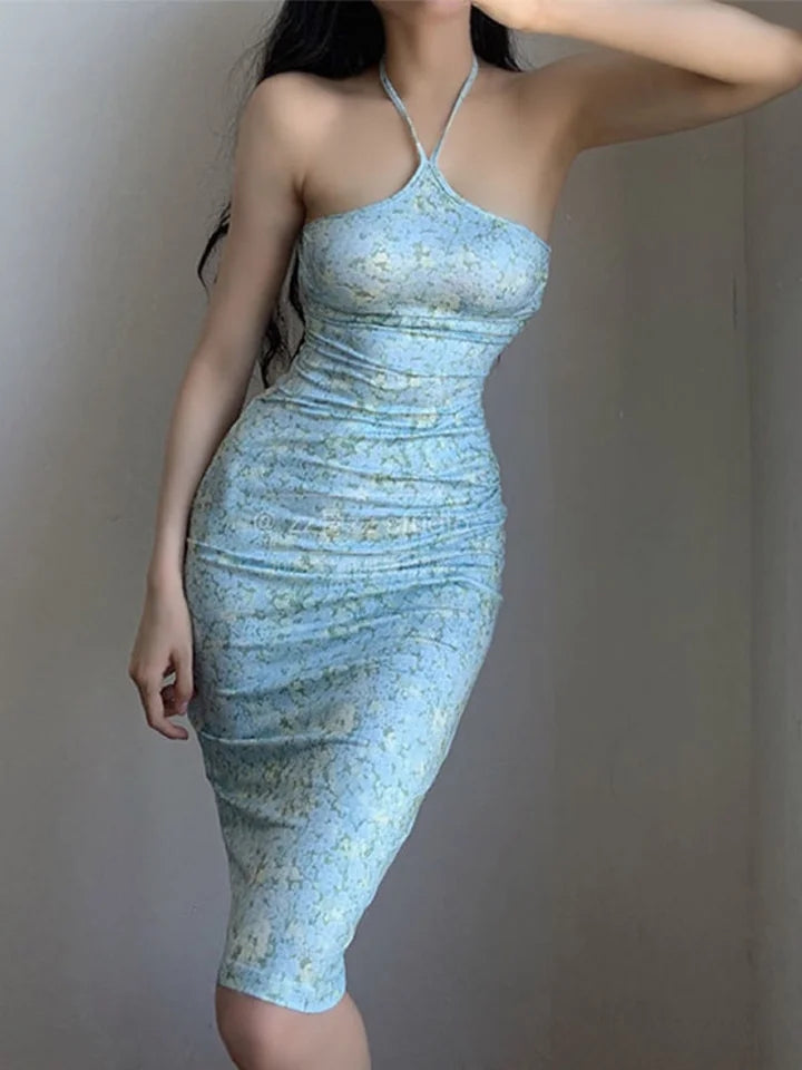 Blue Floral Bodycon Halter Midi Dress – Luxandluxy