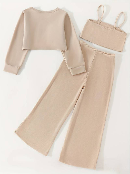 Heart Sweatshirt Cami Flare Pants 3pcs Set