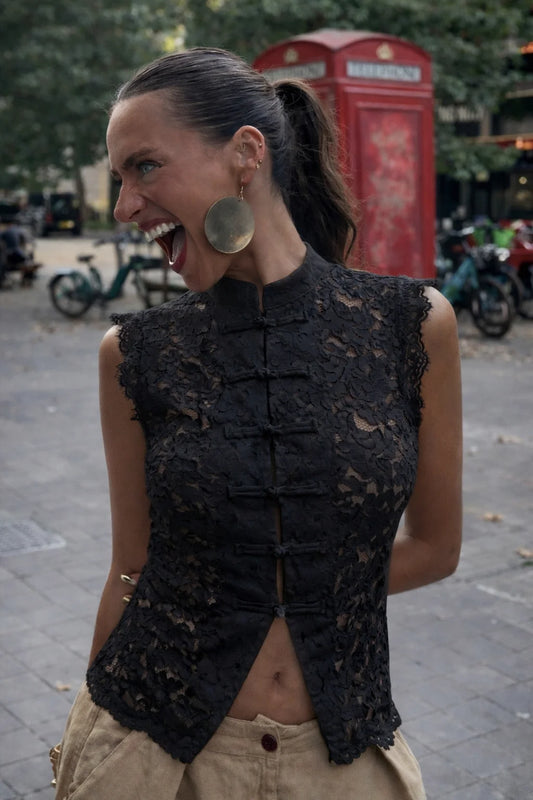 Onyx Orchid Lace Cheongsam Top