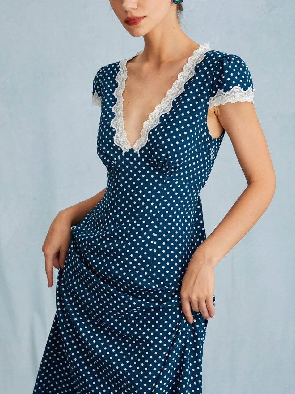 Polka Dot Lace Trim V-Neck Dress