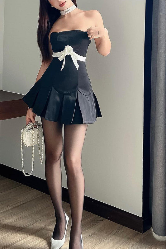 Rose Ribbon Strapless Pleated Mini Dress