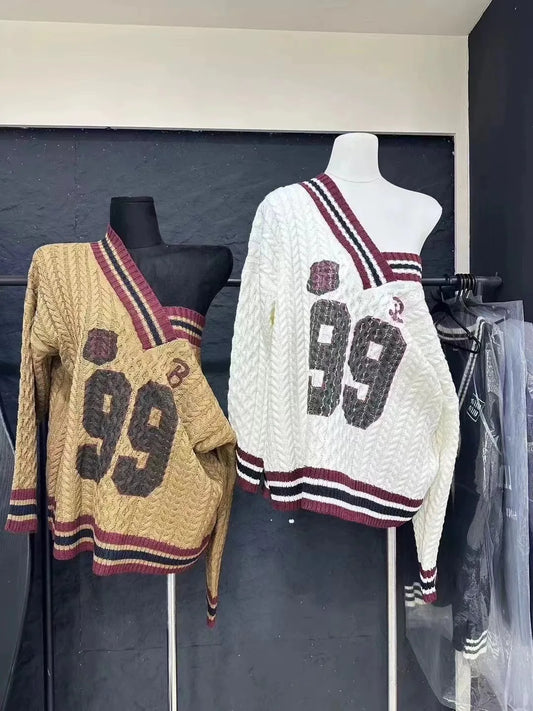 '99' Stripped Neck Cable Knit Sweater
