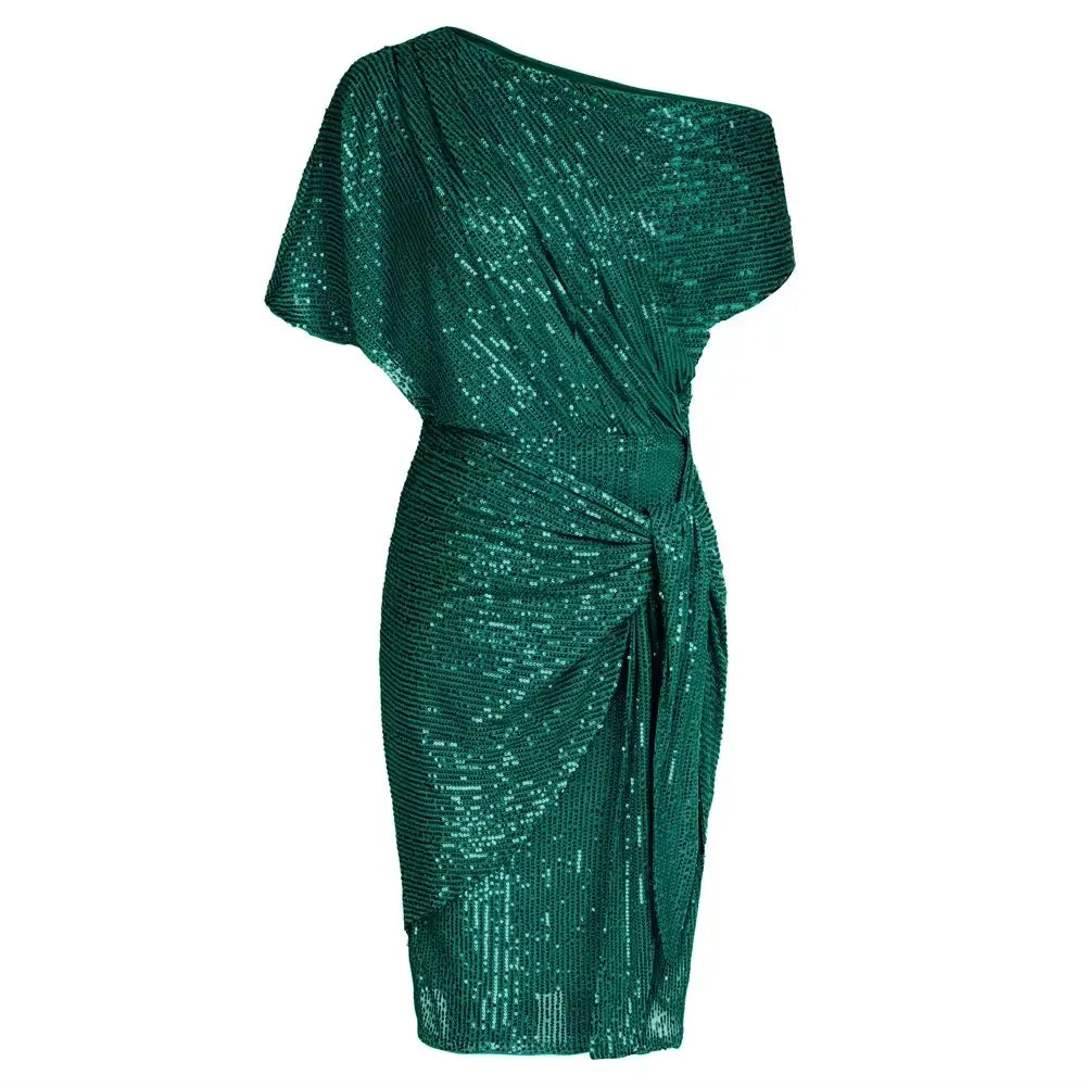 Sequined Asymmetric Off Shoulder Bodycon Party Midi Dress