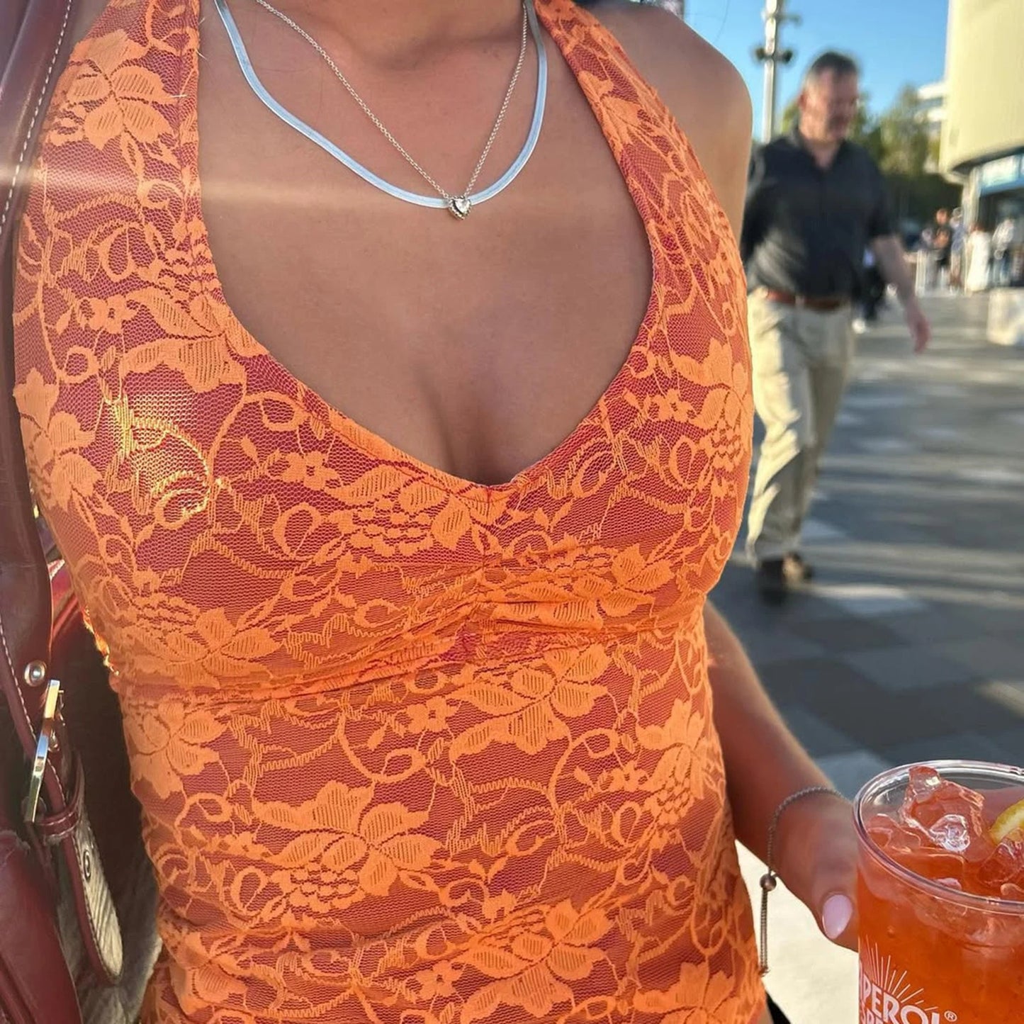 Tangerine Sheer Floral Lace Halter Top