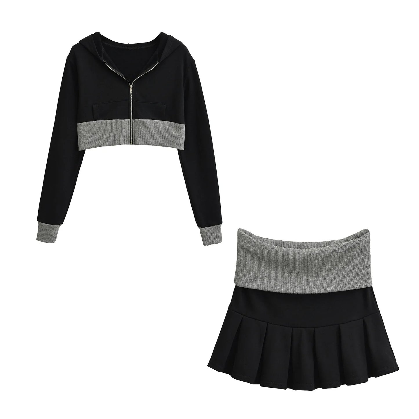 GossipGirl Contrast Crop Hooded Top & Skirt Set