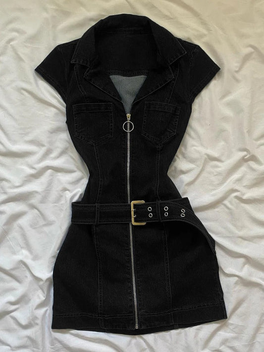 Denim Belted Front Zip Mini Dress