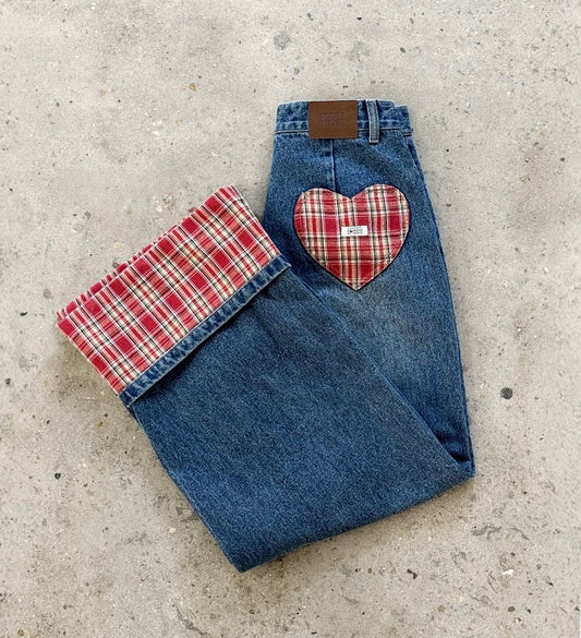 Check Patch Roll Up Denim Pants