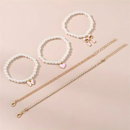 Pink Bow Heart Butterfly Pearl Bracelet Stack