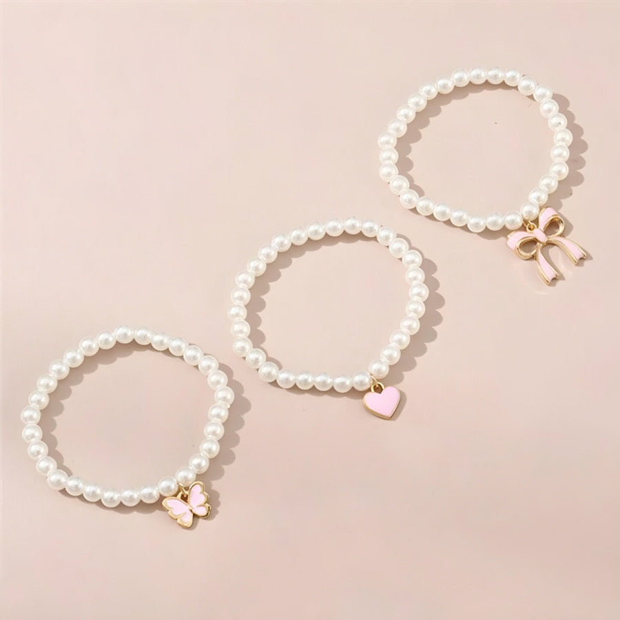 Pink Bow Heart Butterfly Pearl Bracelet Stack
