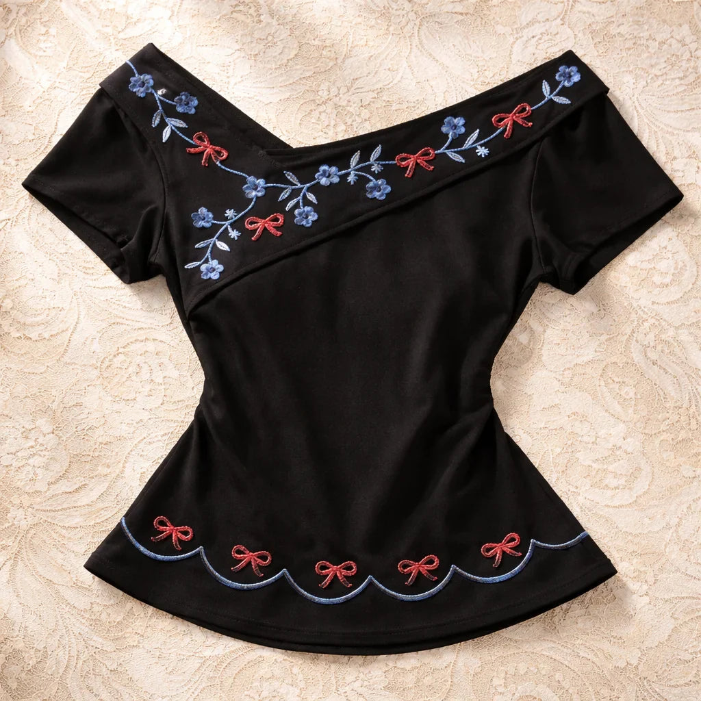 Rosy Bow Embroidered Off-Shoulder Blouse
