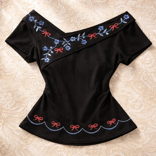 Rosy Bow Embroidered Off-Shoulder Blouse