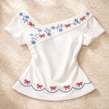 Rosy Bow Embroidered Off-Shoulder Blouse