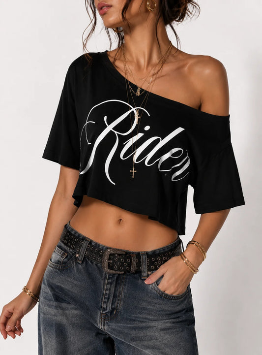 'Rider' Oversized Cropped One-Shoulder Tee