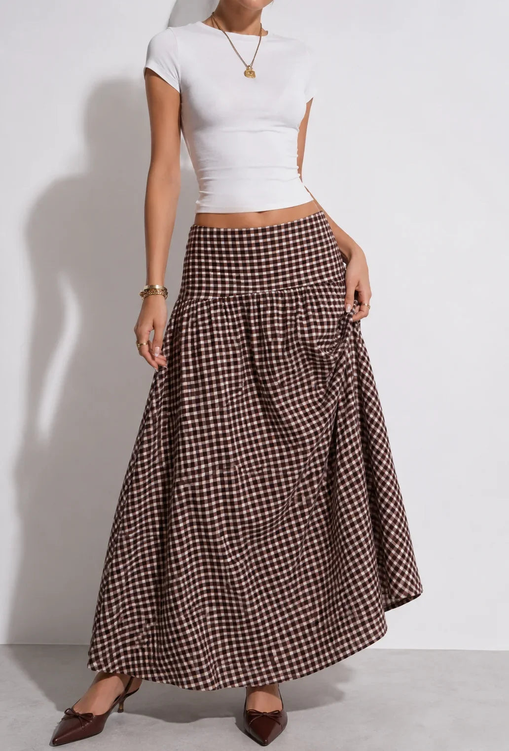 Wenge Gingham Drop Waist Skirt