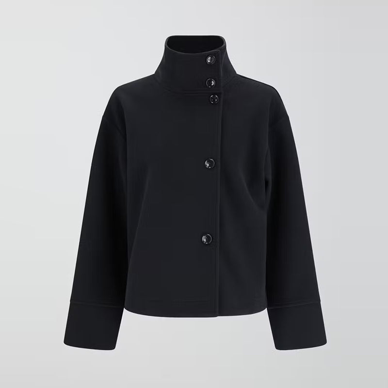Funnel Neck Buttoned Plain Jacket