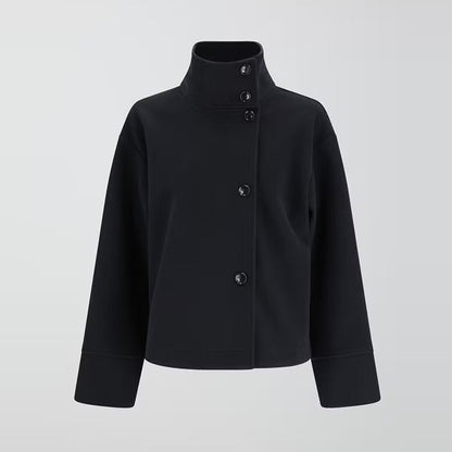 Funnel Neck Buttoned Plain Jacket