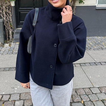 Funnel Neck Buttoned Plain Jacket