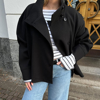 Funnel Neck Buttoned Plain Jacket