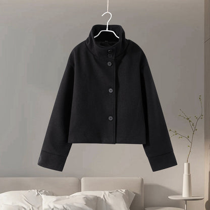 Funnel Neck Buttoned Plain Jacket