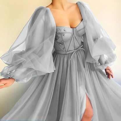 Princess Sheer Puff Sleeved Slit Dress