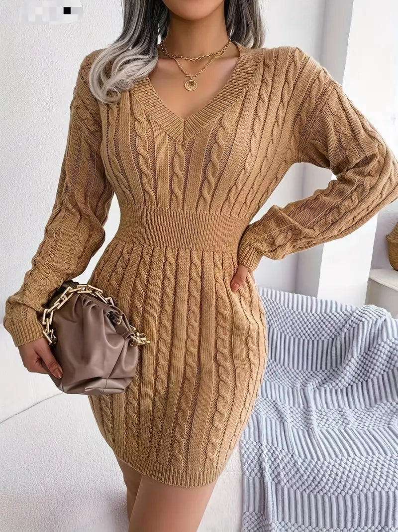 Cable Knit V Neck Sweater Dress