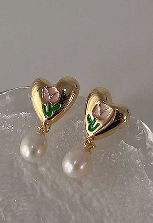 Tulip Heart Pearl Earrings