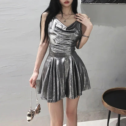 Metallic Cowl Halter Neck Pleated Mini Dress