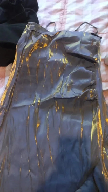 Metallic Asymmetric Tiered Ruffle Rosette Dress
