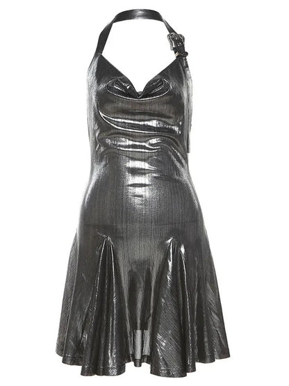 Metallic Cowl Halter Neck Pleated Mini Dress