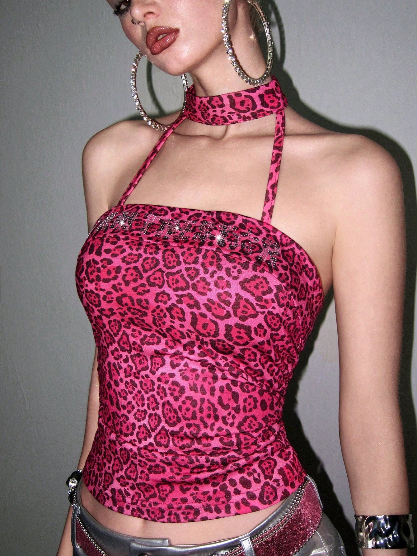 Leopard Print Rhinestone Choker Halter Top