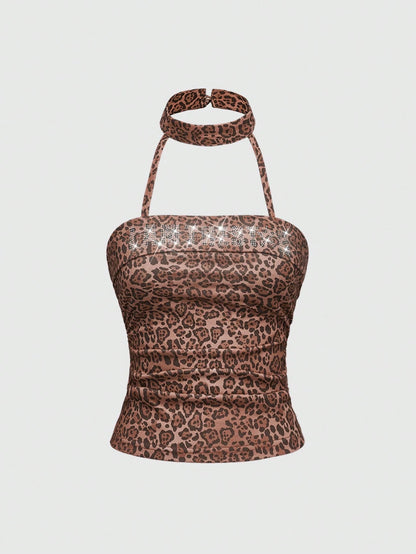 Leopard Print Rhinestone Choker Halter Top