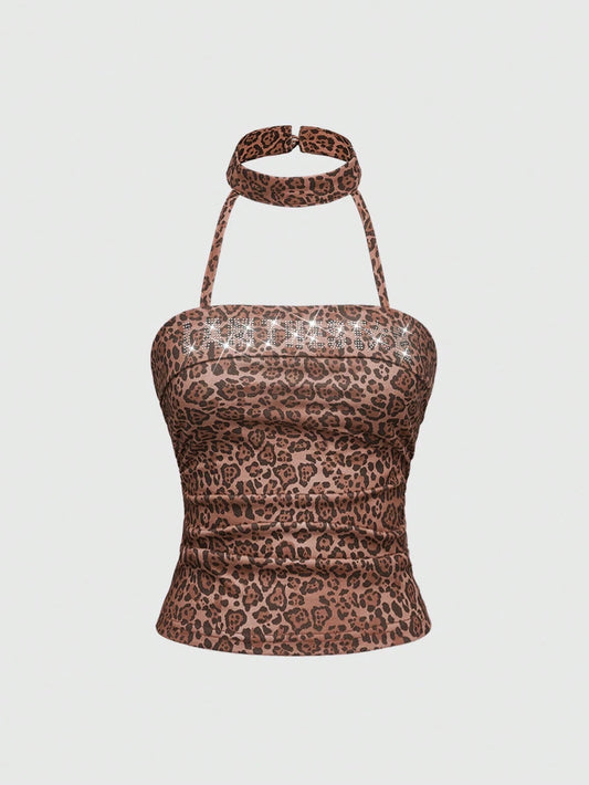 Leopard Print Rhinestone Choker Halter Top