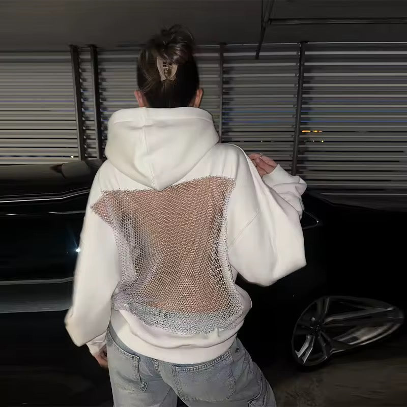 Backless Crystal Mesh Hoodie