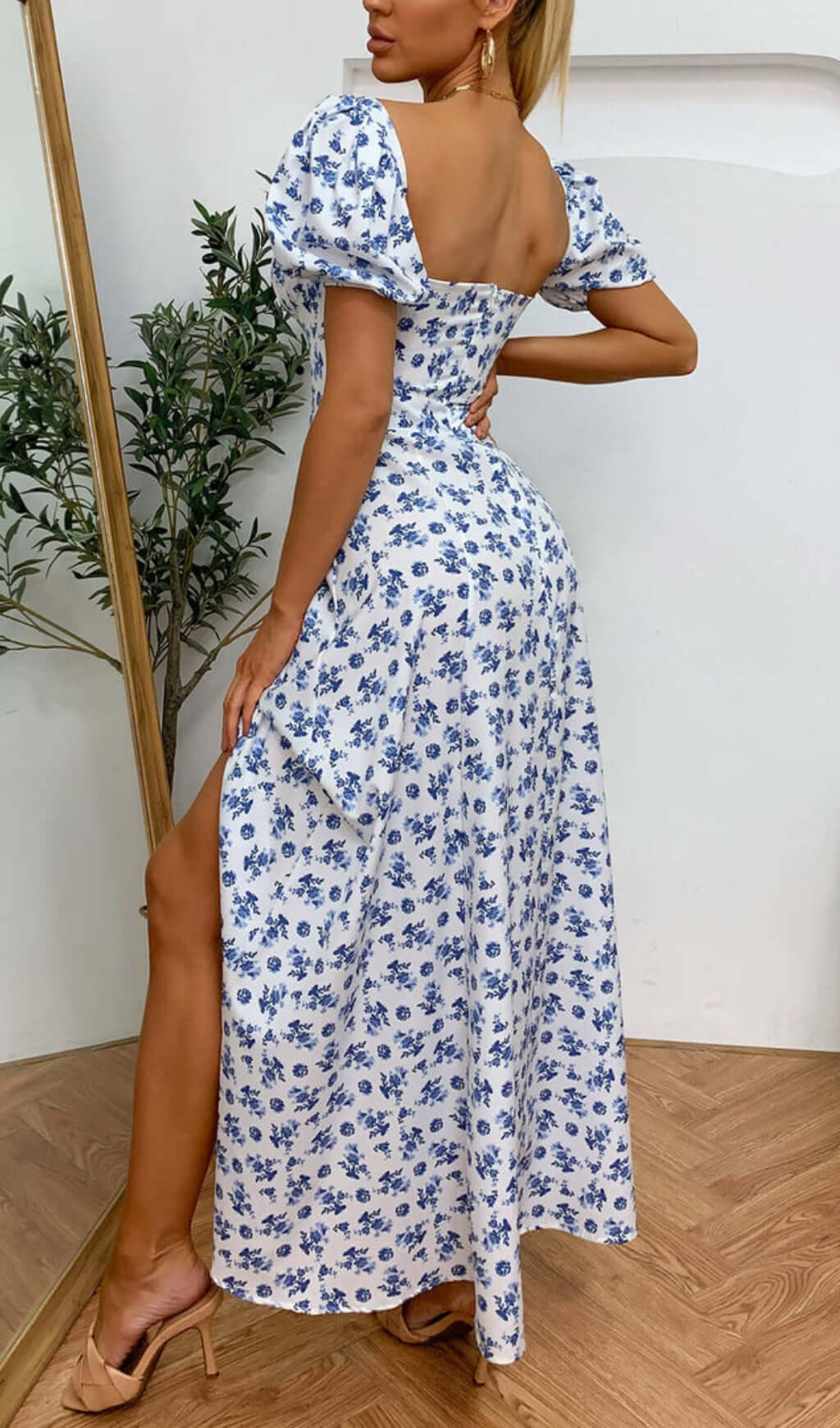 Floral Puff Sleeve Slit Front Midi Dress – Luxandluxy