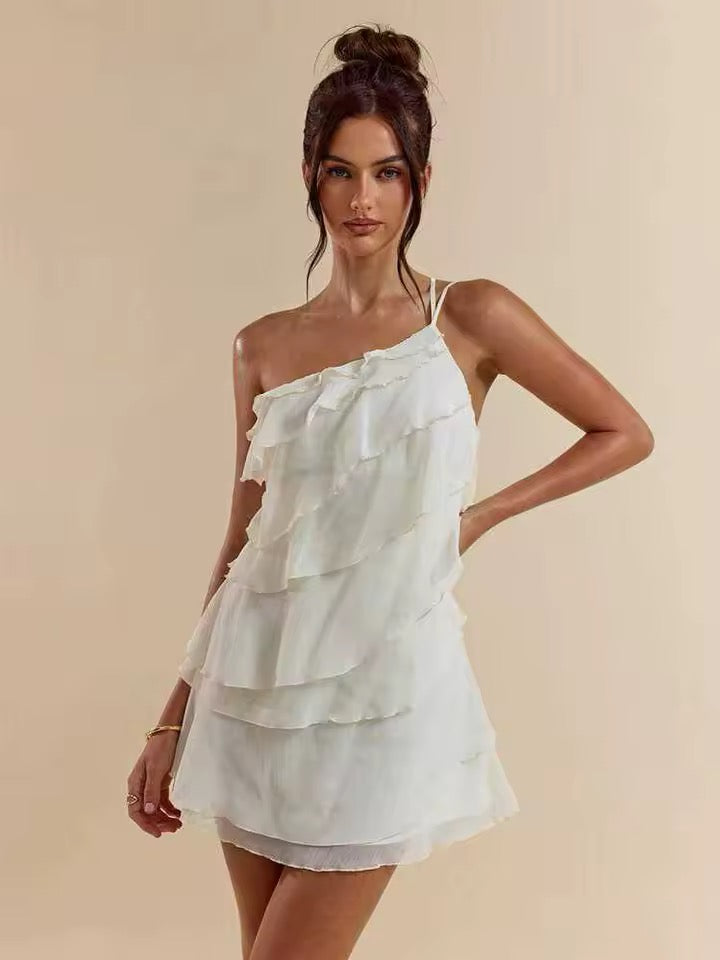 Cream One-Shoulder Tiered Mini Dress