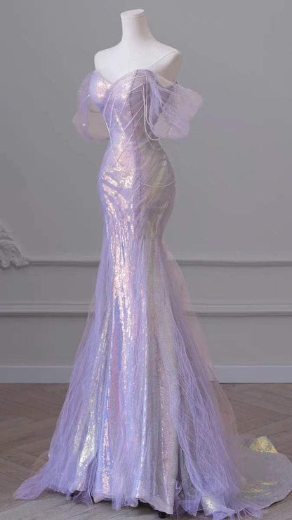 Iridescent Lilac Pearl Off-Shoulder Mermaid Dress