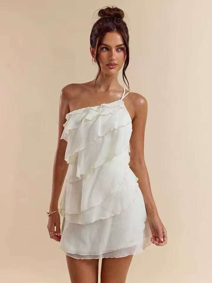 Cream One-Shoulder Tiered Mini Dress