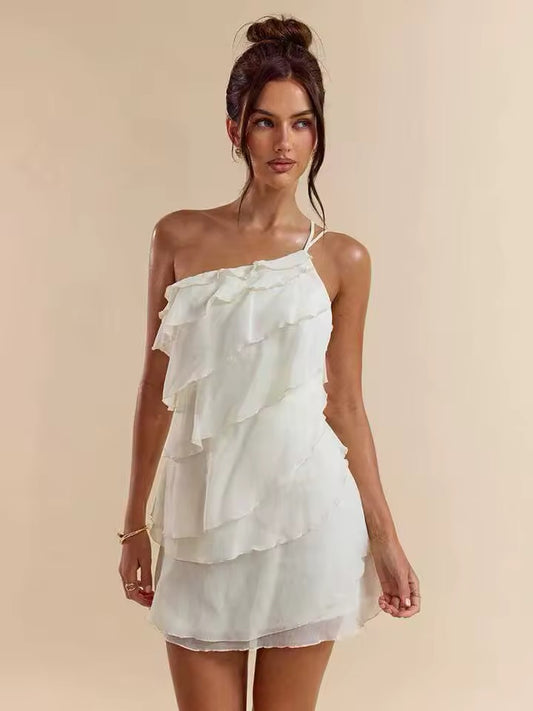 Cream One-Shoulder Tiered Mini Dress