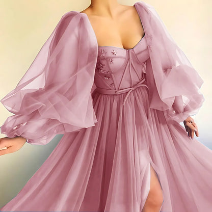 Princess Sheer Puff Sleeved Slit Dress