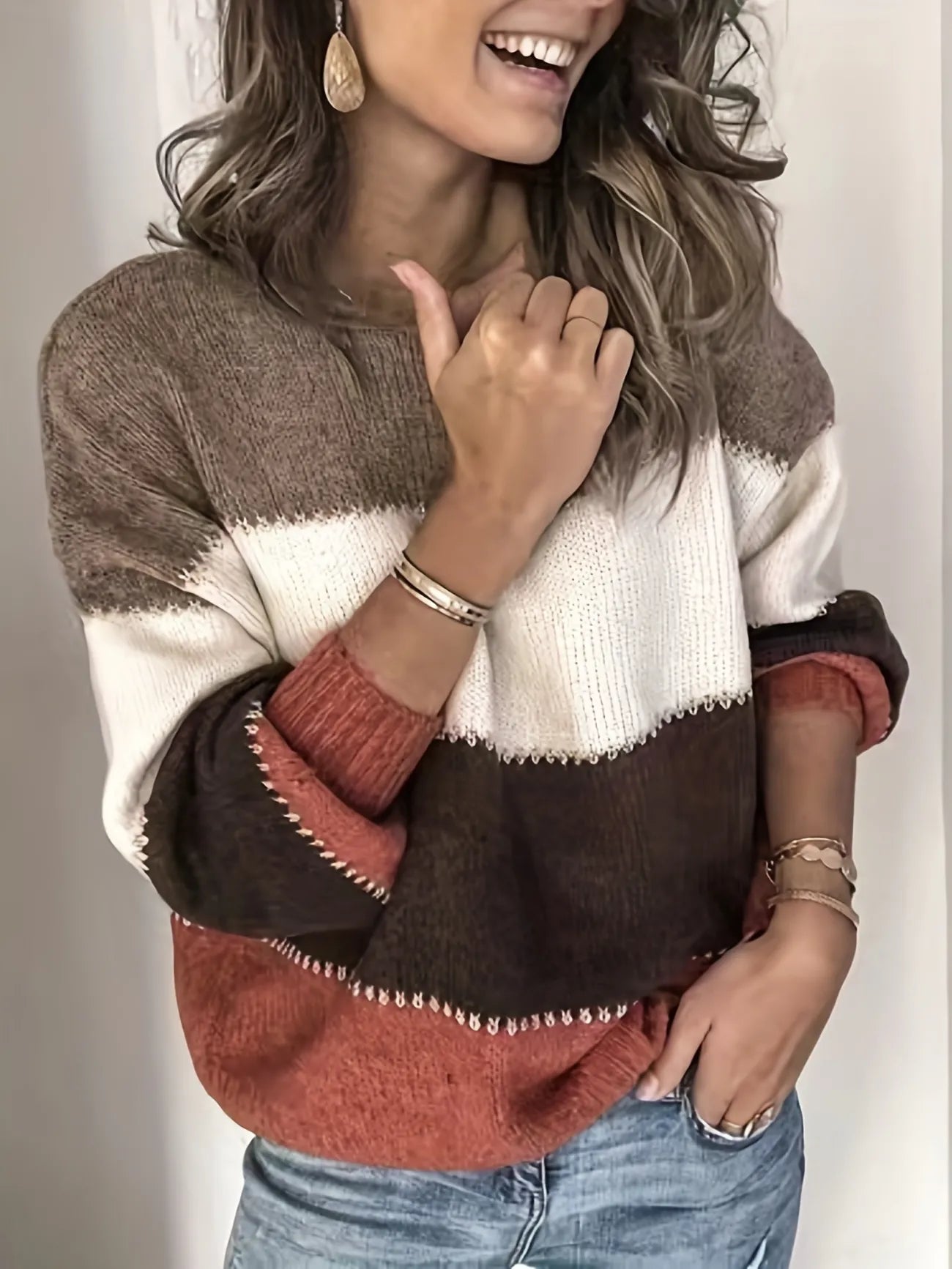 Colorblock Round Neck Casual Sweater