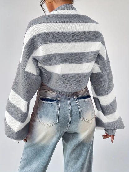 Striped Colorblock Oversized Cropped Cardigan