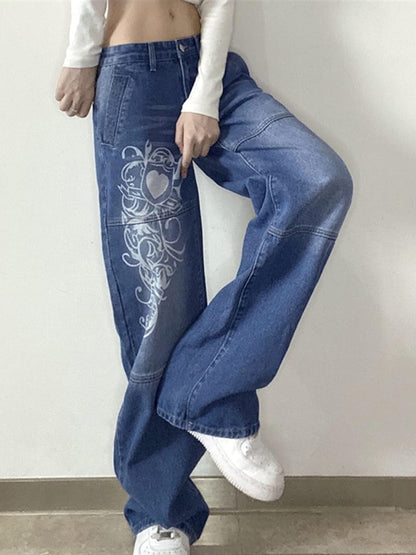 Swirl Heart Print Faded Baggy Jeans