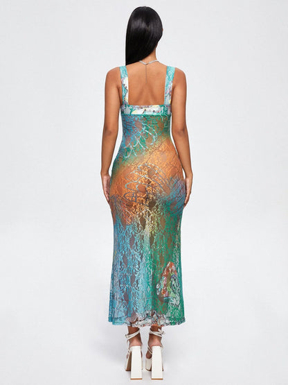 Cut-Out Lace Spaghetti Ombre Maxi Dress