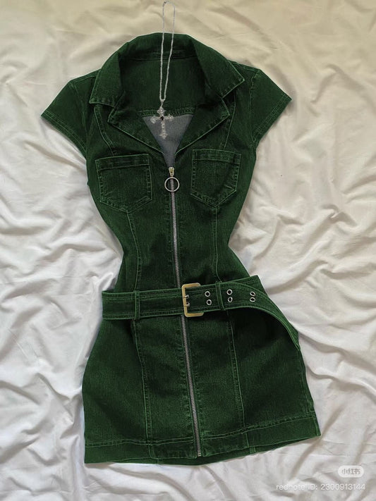 Denim Belted Front Zip Mini Dress