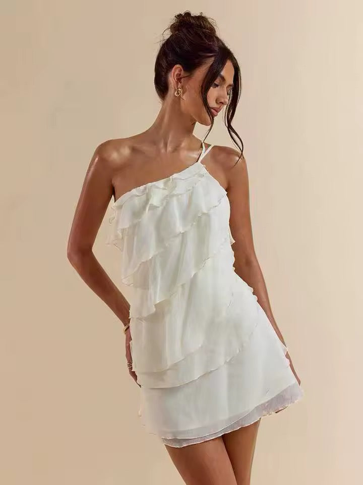 Cream One-Shoulder Tiered Mini Dress