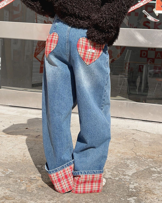 Check Patch Roll Up Denim Pants