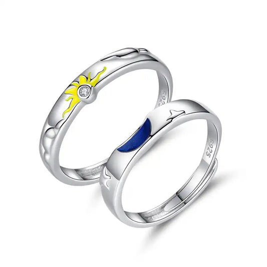 Silver Sun Moon Couple Ring Set