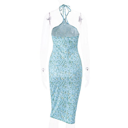 Blue Floral Bodycon Halter Midi Dress